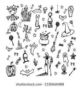 Hand drawn Halloween traditional symbols. Doodle style illustrations: carved pumpkin, spider webs, witch on a broom, bat, zombie hands, skulls, magic potion pot. Isolated vector on white.