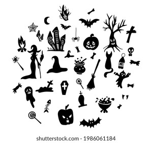 Hand drawn Halloween traditional symbols. Doodle style illustrations: carved pumpkin, spider webs, witch on a broom, bat, zombie hands, skulls, magic potion pot. Isolated vector on white.