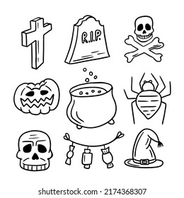 Hand drawn Halloween traditional symbols in Doodle style. Pumpkin, spider, hat, candy, skulls, magic potion pot and etc. Isolated vector on white background.