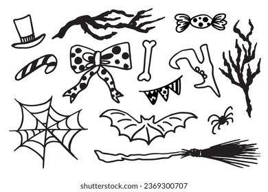 Hand drawn Halloween traditional symbols. Doodle style illustrations: spider webs, broom, bat, bow, boot, grim reaper, black branch. Isolated vector on white