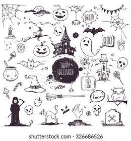 Hand drawn Halloween traditional symbols. Doodle style illustrations: carved pumpkin, spider webs, witch on a broom, bat, zombie hands, skulls, grim reaper, magic potion pot. Isolated vector on white.