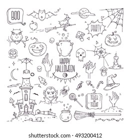 Hand drawn Halloween traditional symbols. Doodle style illustrations: carved pumpkin, spider webs, witch on a broom, bat, zombie hands, skulls, vampire, magic potion pot. Isolated vector on white.