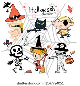 hand drawn Halloween trick treat character cute costume vector