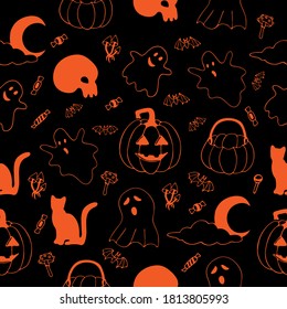 
Hand drawn halloween vector doodle pattern in orange color with illustrations of cats, ghosts, moon, pumpkin baskets, halloween pumpkins, mushrooms, skull, bats, candy on black background.