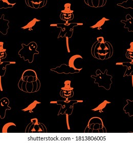 
Hand drawn halloween vector doodle pattern in orange with illustrations of scarecrow with pumpkin head wearing hat, ghosts, crows, pumpkin baskets, halloween pumpkins on black background.