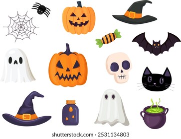 Elementos de vetor desenhados à mão Halloween conjunto, abóboras, morcegos, fantasmas