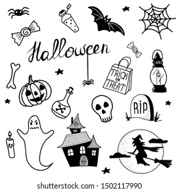 Hand drawn halloween vector icons set: ghost, witch, skull, potion, lamp, jack o`lantern, treack or treat. Halloween celebration. 