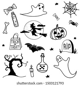 Hand drawn halloween vector icons set: ghost, witch, skull, potion, lamp, jack o`lantern, treack or treat. Halloween celebration. Halloween clipart isolated.