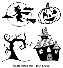 Hand drawn halloween vector icons set: witch on broom, jacl o`lantern, spooky tree, spoky house.  Halloween celebration. Halloween clipart isolated.