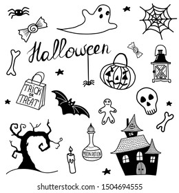 Hand drawn halloween vector icons set: ghost, witch, skull, potion, lamp, jack o`lantern, treack or treat. Halloween celebration. Halloween clipart isolated.