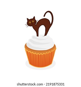 Hand drawn Halloween vector illustration cupcake with a chocolate cat