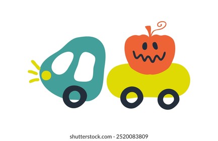 Hand drawn Halloween vector illustration of a truck carrying Halloween pumpkin. Perfect for banner, cover, label, card, sale. 
