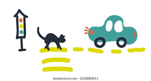 Hand drawn Halloween vector illustration of a car met a black cat at the crossroad. Perfect for banner, cover, label, card, sale. 