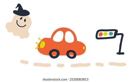 Hand drawn Halloween vector illustration of a car met a ghost in the wizard's hat. Perfect for banner, cover, label, card, sale. 