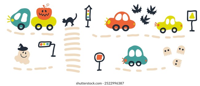 Hand drawn Halloween vector illustrations collection of cars. Perfect for banner, cover, label, card, sale, stickers. 