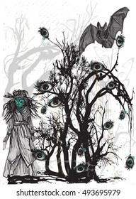 An hand drawn halloween vector. Magical, mystical illustration. Halloween bush, forest - Crying EYE TREE and horror doll, scary puppet. 