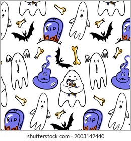 Hand drawn halloween vector pattern with cute ghosts and funny witch hat.