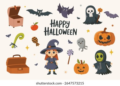 Hand drawn Halloween vector set. Colorful cartoon Halloween elements – witch, ghosts, pumpkins, bats, and spooky treats. for seasonal printables, posters, banner.