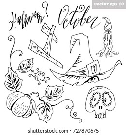 Hand drawn halloween vector set  - grave, hat, spider, pumpkin, skull, candle, lettering. Isolated on white background. Good for your designs, coloring book, poster, sticker, print.