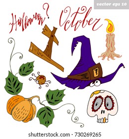 Hand drawn halloween vector set - grave, hat, spider, pumpkin, skull, candle, lettering. Isolated on white background. Good for your designs, coloring book, poster, sticker, print.