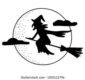 Hand drawn halloween vector witch silhouette icon. Witch is flying on the broom