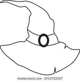 Ícone de chapéu de bruxa desenhado à mão de Halloween, isolado no fundo branco. Ilustração de vetor em estilo de esboço.