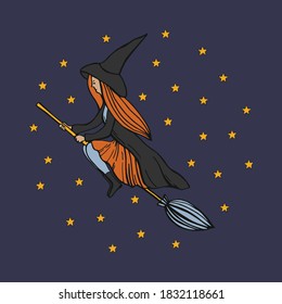 Hand drawn halloween  witch on a broom. Vector sketch illustration.