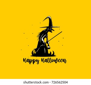 Hand drawn halloween witch, yellow, scary, fear, holiday, party, celebration, vector illustratiin