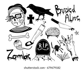 Hand drawn halloween zombie set. Graphic vector set. All elements are isolated