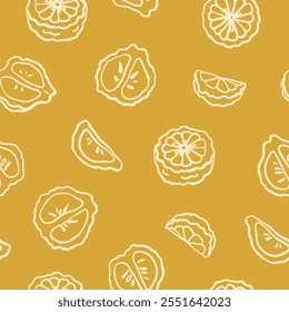 Hand drawn halves and slices of bergamot on dark yellow background seamless pattern