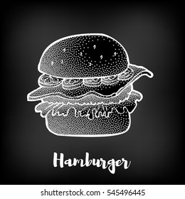 Hand drawn hamburger chalk sketch on blackboard background. Vector illustration.