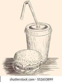 Hand drawn hamburger and cola drawn in sketch style