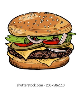 Hand drawn hamburger colored sketch vector illustration. Vintage burger design.