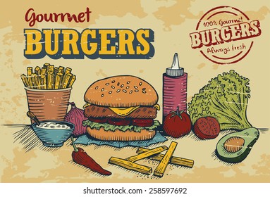 Hand drawn of hamburger and ingredients in retro style with 100% gourmet burger stamp, vector