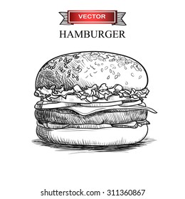 Hand drawn hamburger isolated on white background. Vector illustration.