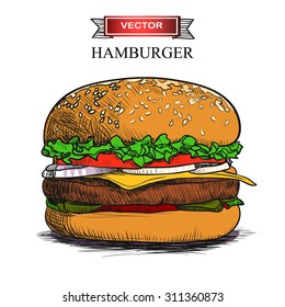 Hand drawn hamburger isolated on white background. Vector illustration.