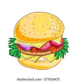 Hand drawn hamburger, isolated on white background. Vector illustration.