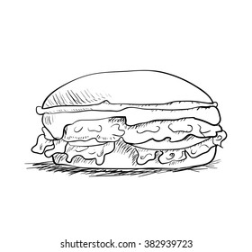 Hand drawn hamburger isolated on white background. Vector illustration.