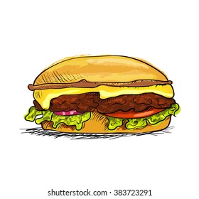Hand drawn hamburger isolated on white background. Vector illustration.