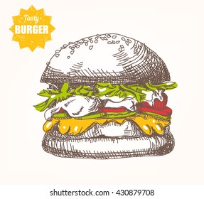 Hand drawn hamburger isolated on white background. Vector illustration.