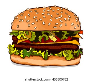 Hand drawn hamburger isolated on white background. Vector illustration.