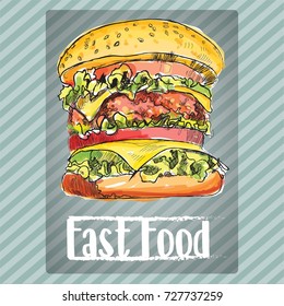 Hand drawn hamburger, meat, cheese, green, fast food, vector