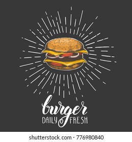 Hand drawn hamburger on black. Trendy element for fast food menu. Hand made lettring. Vector object. Sketch, engraving. Banner, flyer, brochure. Advertising