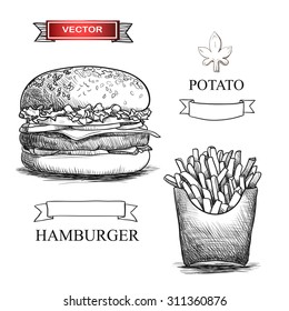 Hand drawn hamburger and potato isolated on white background. Vector illustration.