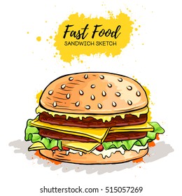 Hand drawn Hamburger or Sandwich. Fast Food sketch