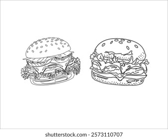 hand drawn hamburger. Set of hand drawn hamburger, burger. Set of doodle style hamburger, burger. Vector illustration