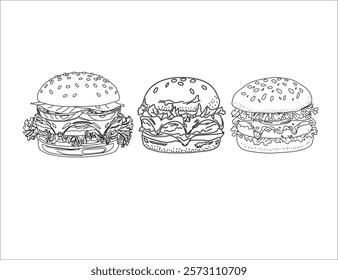 hand drawn hamburger. Set of hand drawn hamburger, burger. Set of doodle style hamburger, burger. Vector illustration