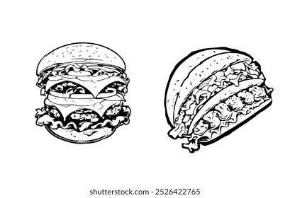 hambúrguer desenhado à mão, Conjunto de hambúrguer estilo doodle, hambúrguer. Ilustração vetorial. para o design de fast food