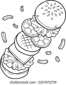 Hand Drawn hamburger spread illustration in doodle style isolated on background