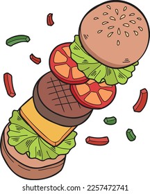Hand Drawn hamburger spread illustration in doodle style isolated on background